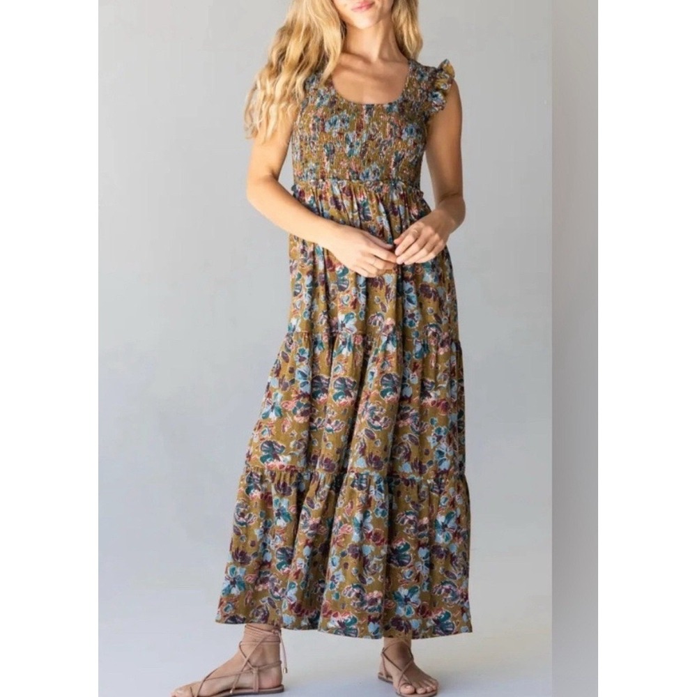 NATURAL LIFE Floral Maxi Dress - Olive Green and Blue